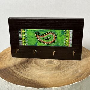 Hand Painted Colorful Paisley Design Wood Key Holder Cottagecore Country Green